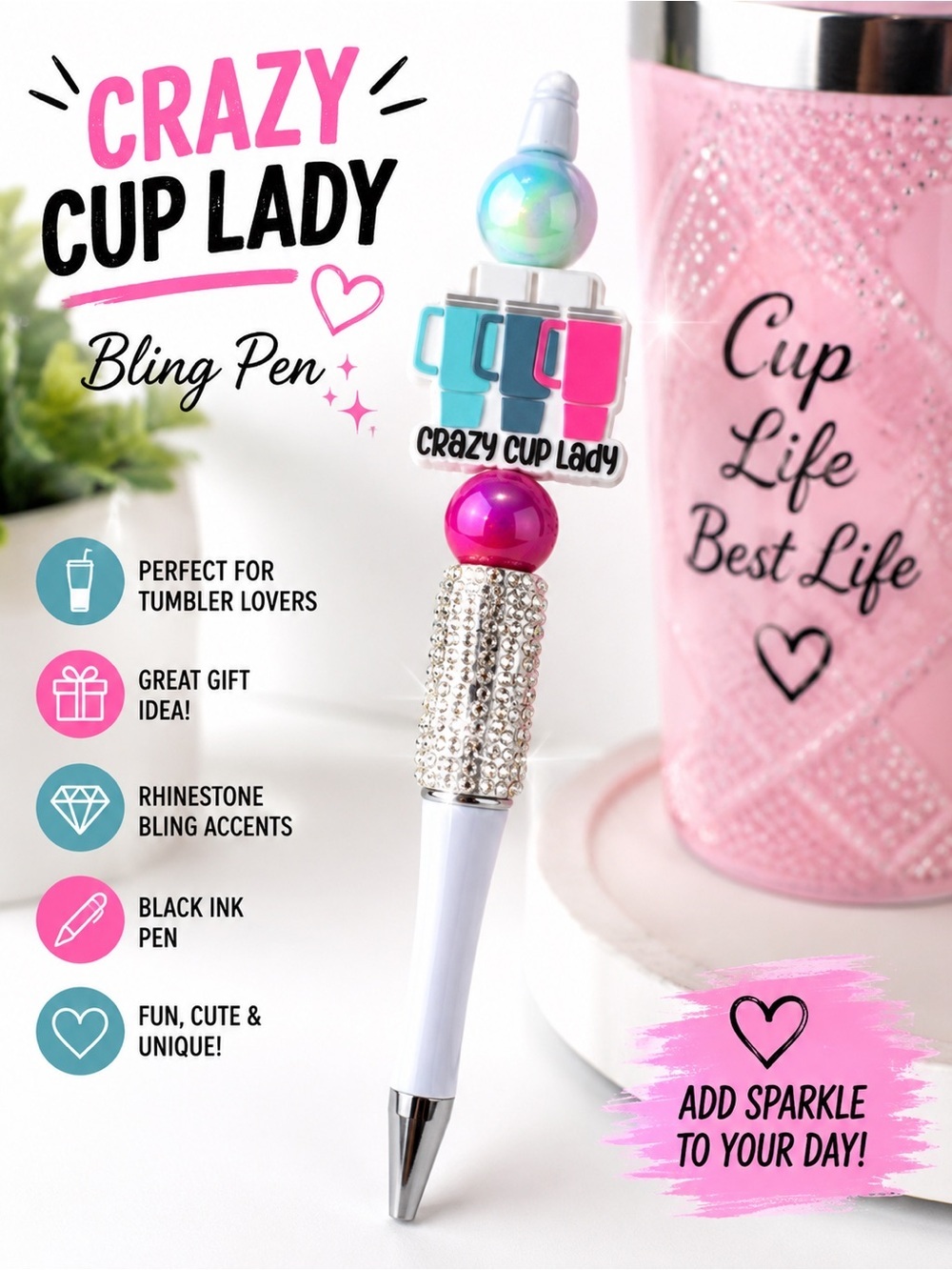 Crazy Cup Lady Beaded Ink Pen Rhinestone Bling Tumbler Lover Gift